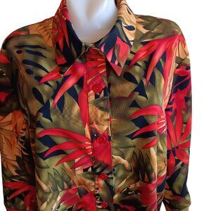 Women's XL Vintage Brownstone Studio Top 1990's Tropical Print Button-Up Blouse